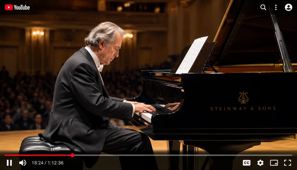Livestream screenshot of a classical pianist performing a recital on a grand piano