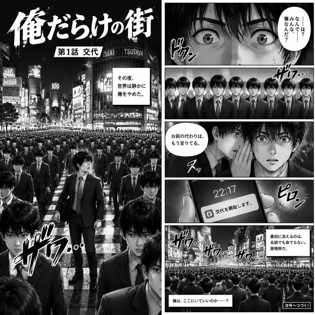 Monochrome manga spread of a salaryman surrounded by identical clones at Shibuya crossing