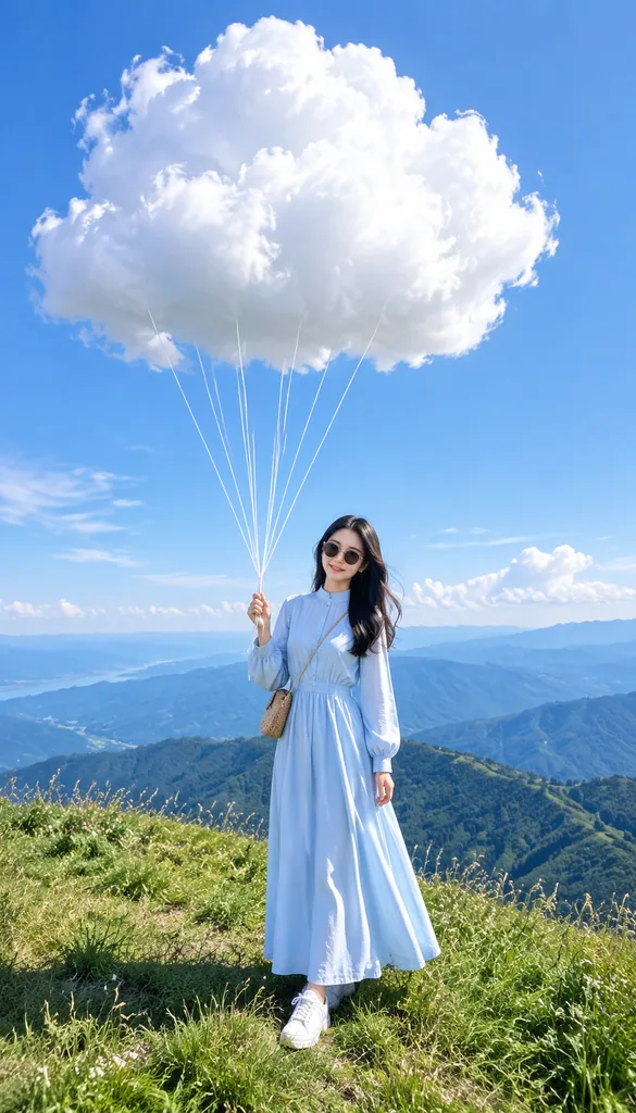 Dreamy photo of a person on a mountain ridge holding cloud-like balloons