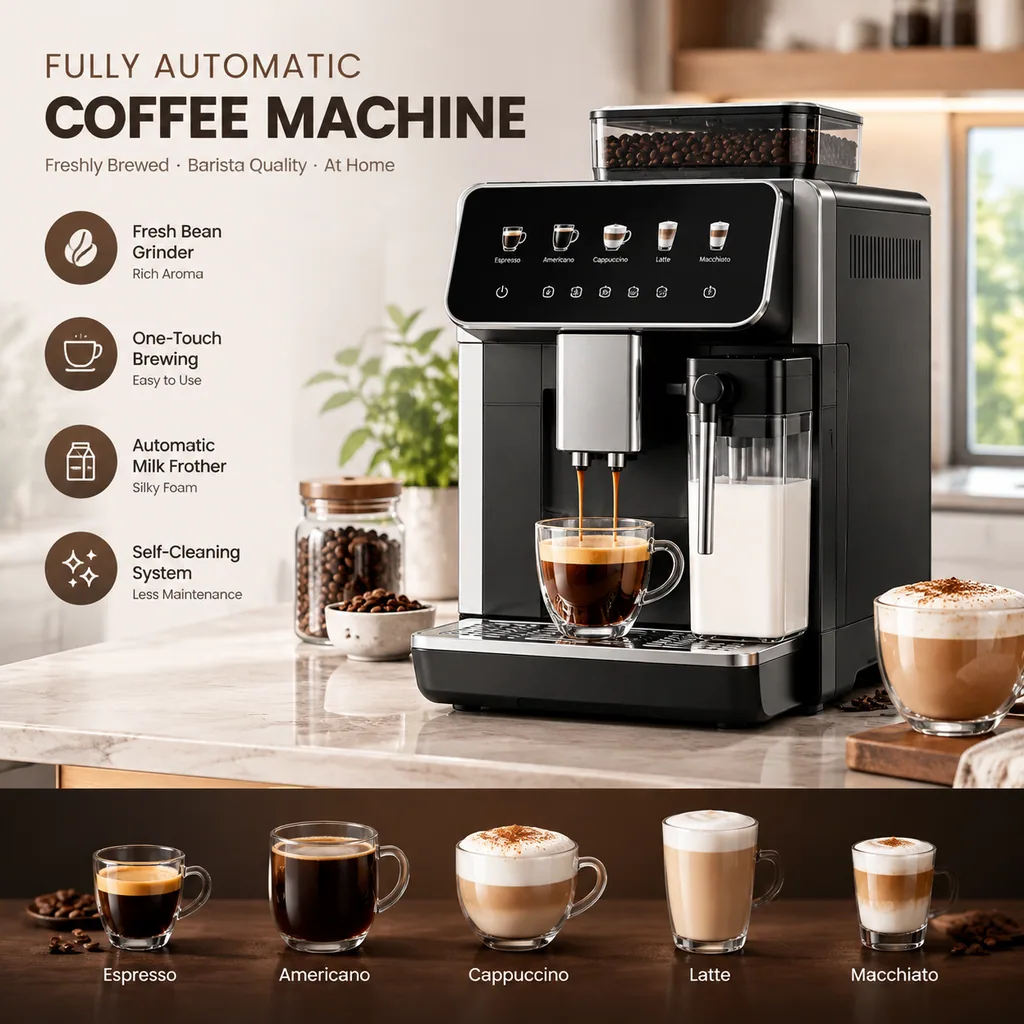 Ecommerce detail page for a fully automatic coffee machine with feature highlights