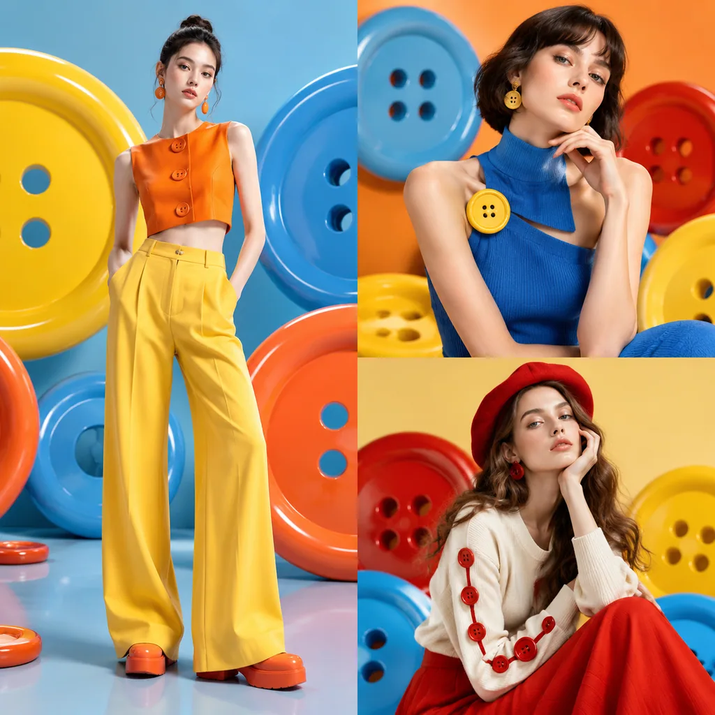 Split-frame fashion editorial with a model and giant glossy colorful buttons
