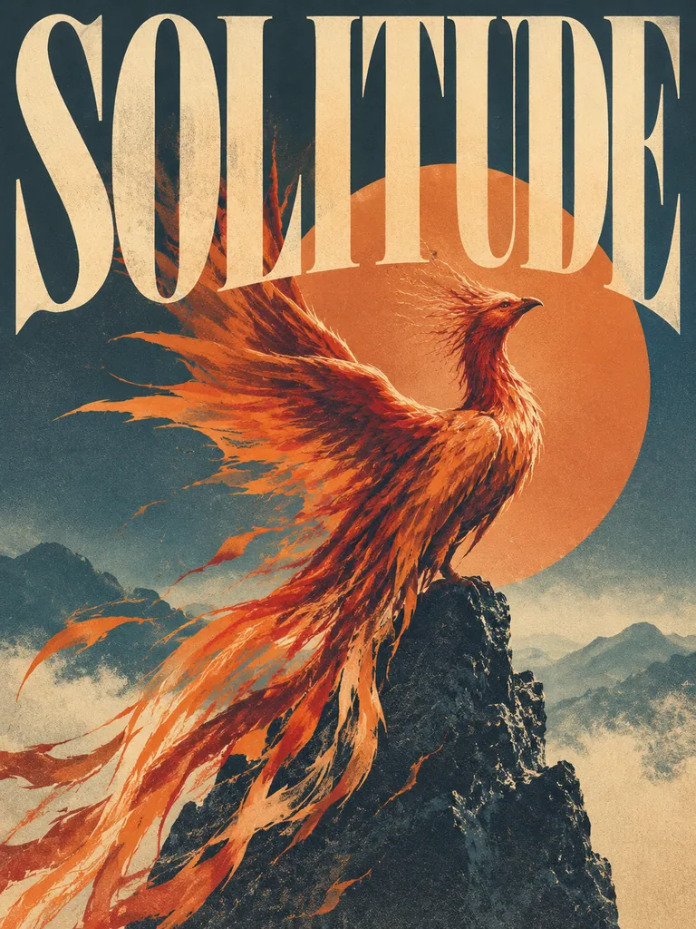 Premium poster where huge custom lettering of the word SOLITUDE forms the main visual metaphor