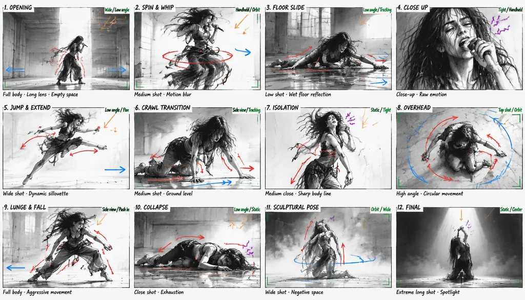 Twelve-panel pencil storyboard of an intense dance performance with live singing