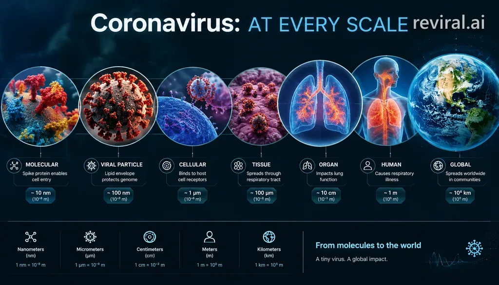 3D zoom infographic of a coronavirus from molecular detail to full view in frames