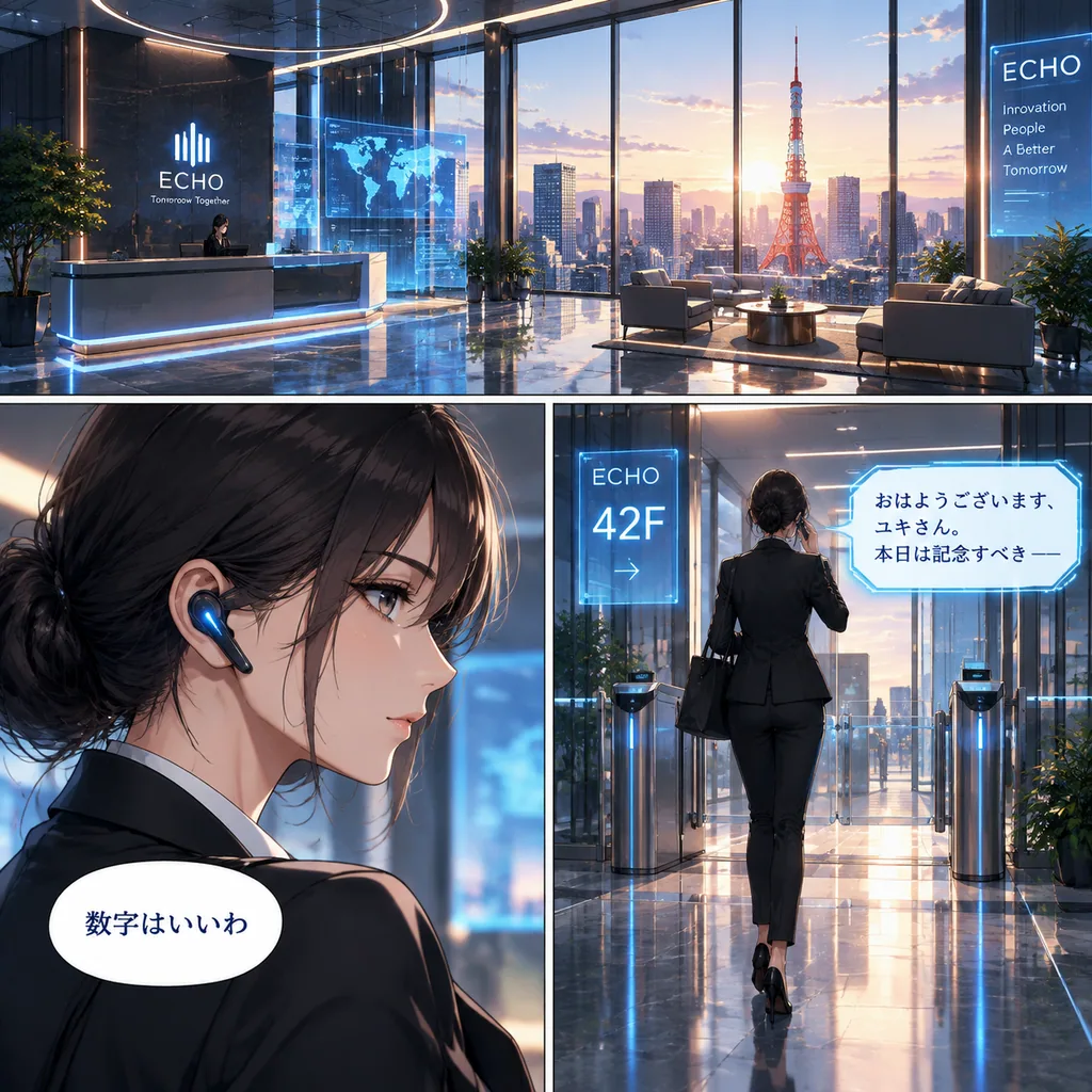 Three-panel anime manga page set in a futuristic corporate lobby overlooking Tokyo Tower