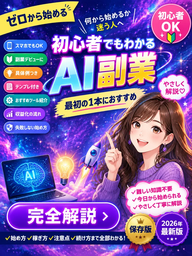 Galaxy-themed anime banner of a smiling woman pointing up beside glowing Japanese title text