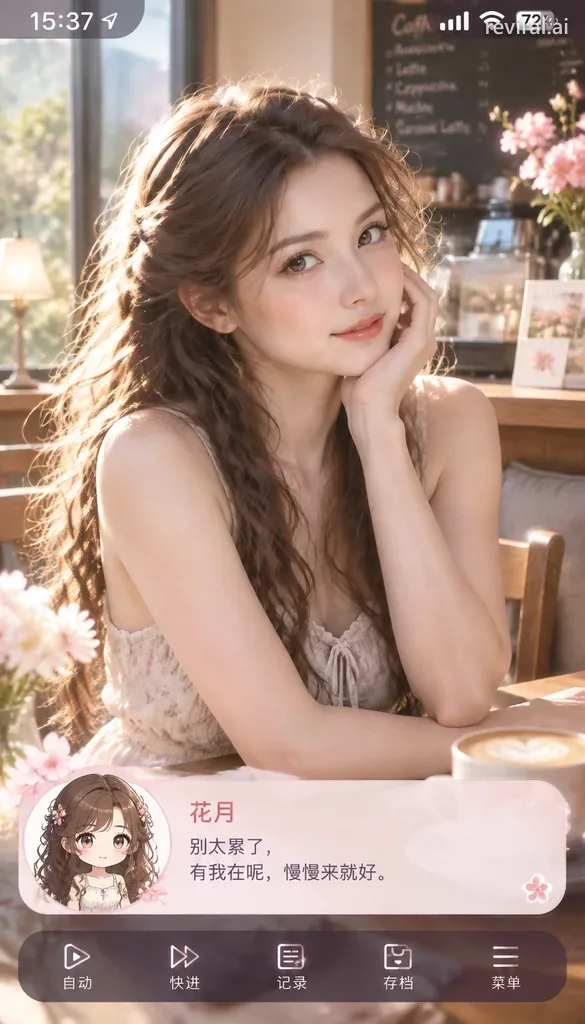 Phone screenshot of a cosplayer in a cafe with a galgame style dialogue box below
