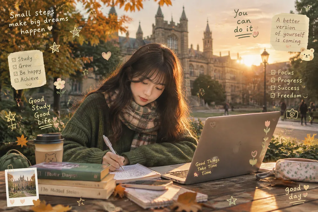 Girl in a green sweater studying outdoors at golden hour with floating doodle notes