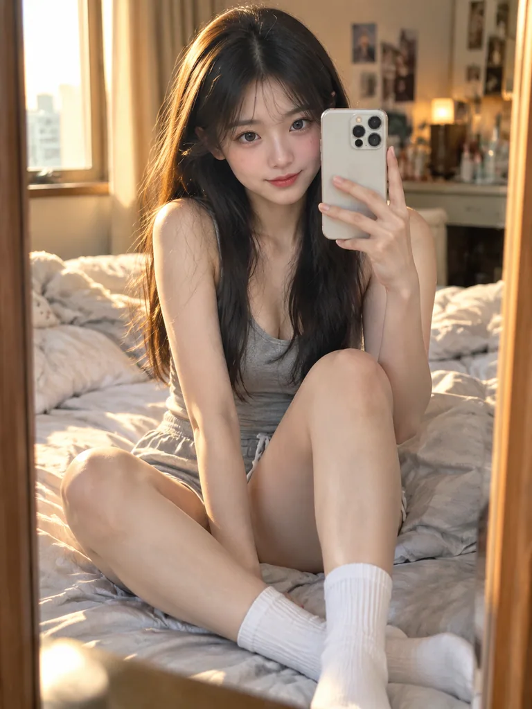 Young woman taking a mirror selfie on a cozy bed in golden side light from a window