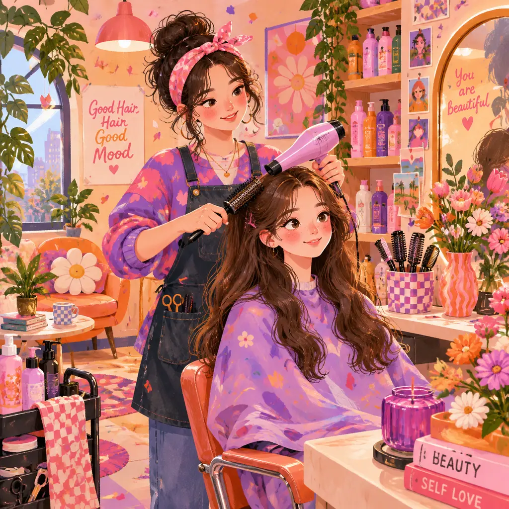 Colorful whimsical illustration of a girl getting her hair styled in a cozy salon