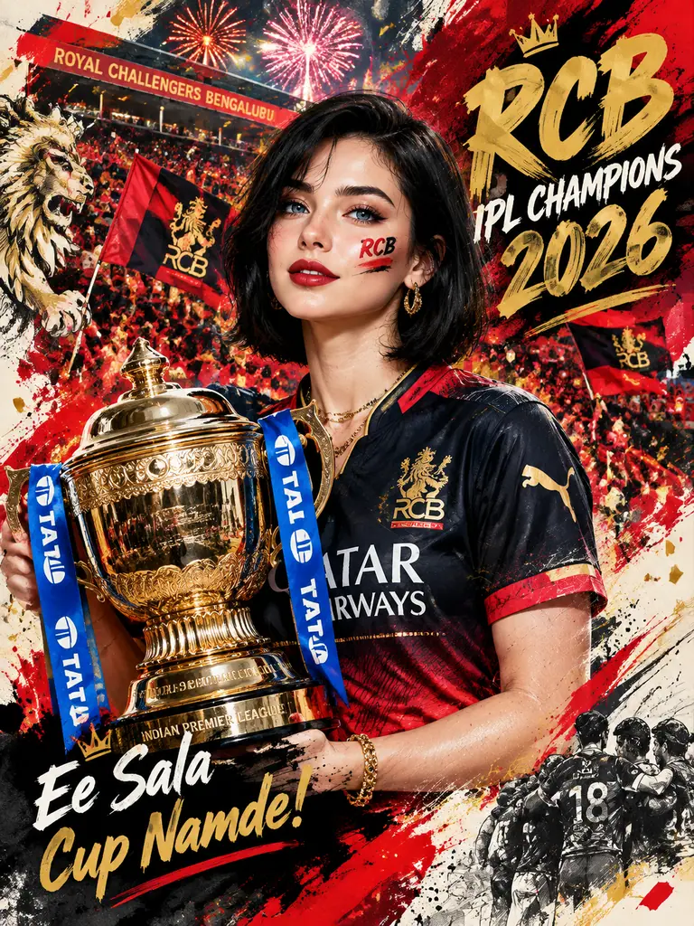 Mixed-media sports poster of a woman in a cricket jersey holding a trophy