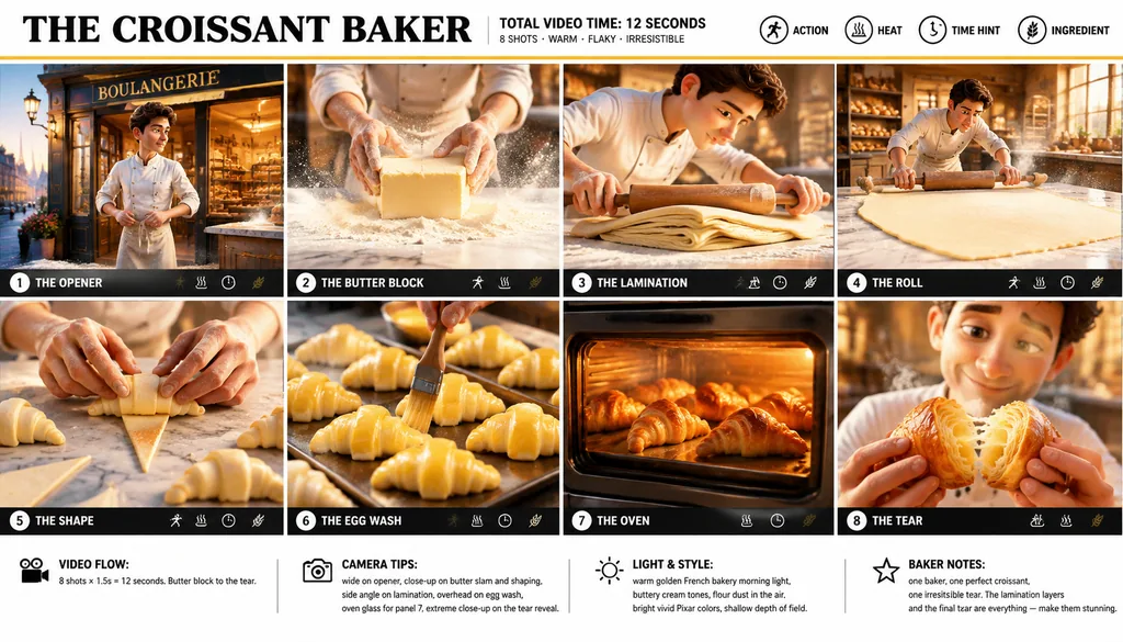 3D storyboard poster showing how a baker makes croissants step by step