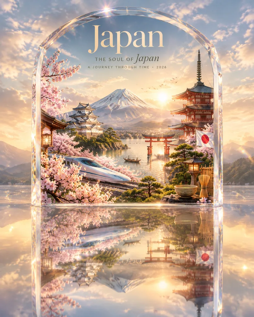 Glass arched frame on a glossy floor holding a cinematic illustration of Japan landmarks