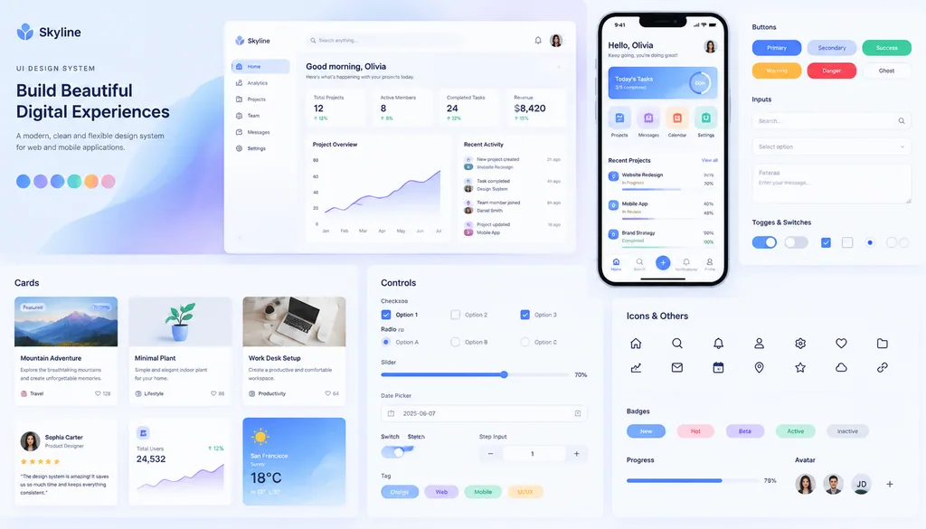 UI design system board with web pages, mobile screens, cards, controls and buttons