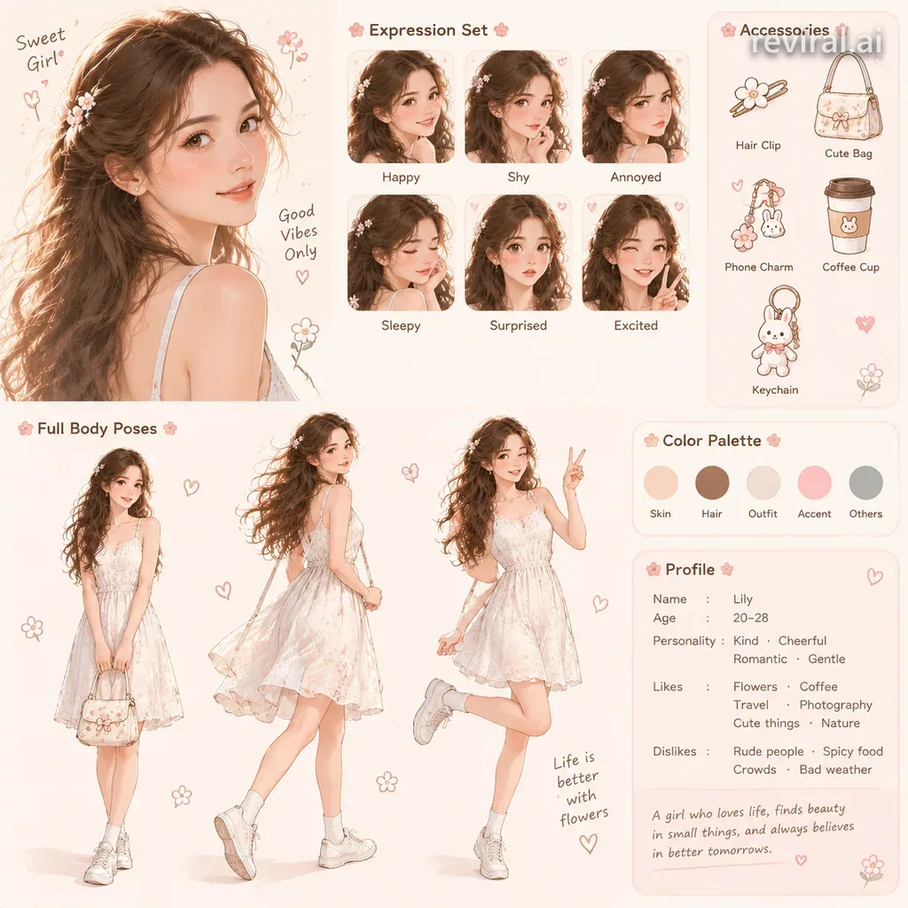 Pastel kawaii character sheet with a main portrait and a set of expressions