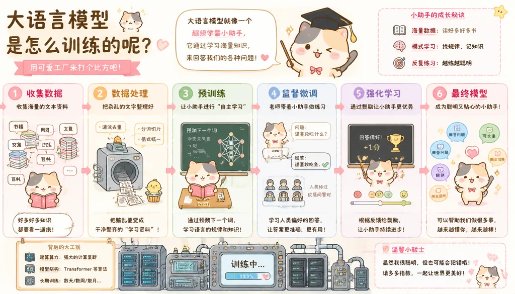 Cute illustrated explainer of how a large language model is trained step by step