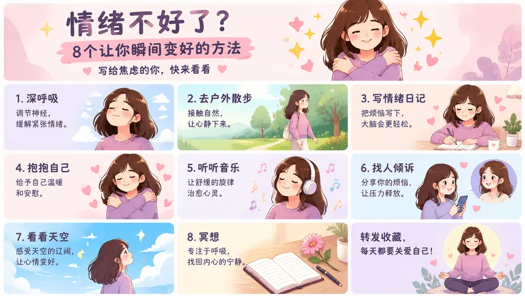 Cute flat vector infographic grid of a young woman in pastel tones with daily tips