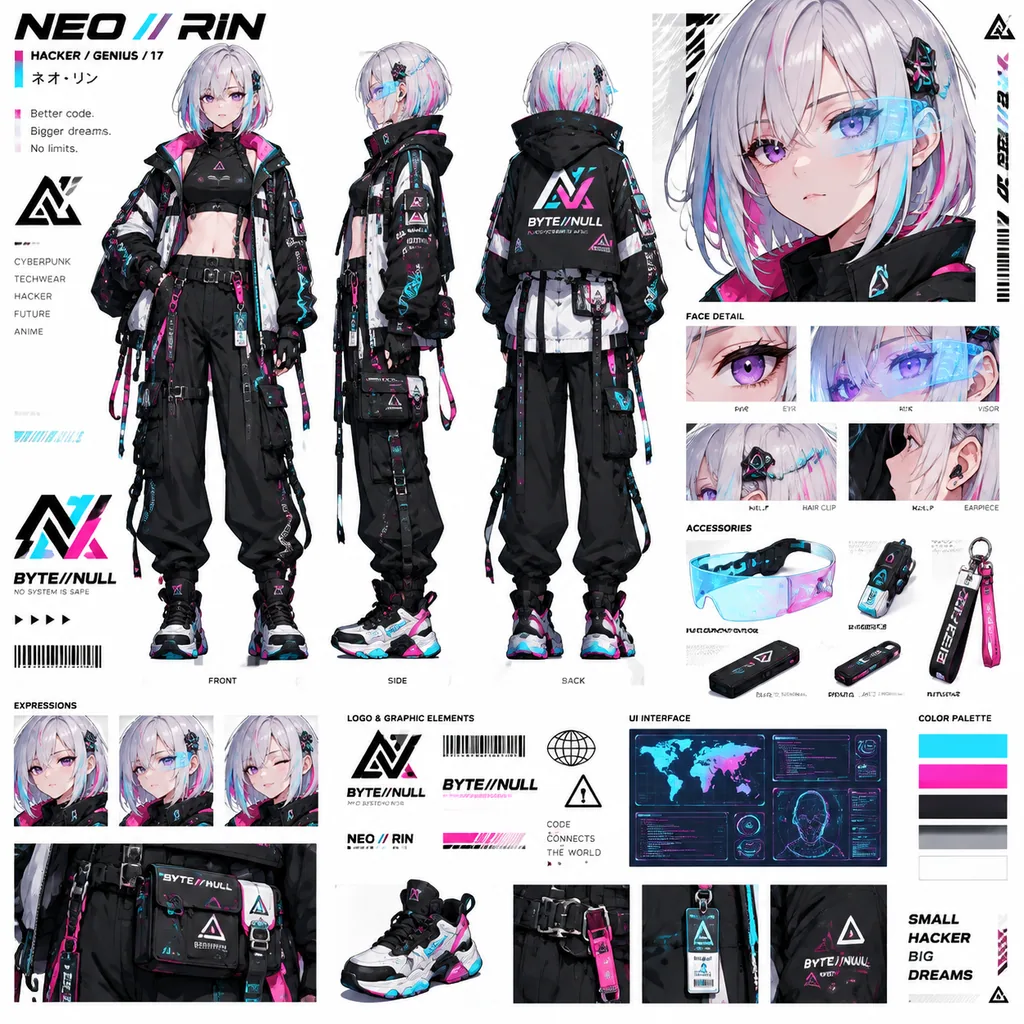 Anime character sheet of a silver-haired cyberpunk hacker girl with turnaround views