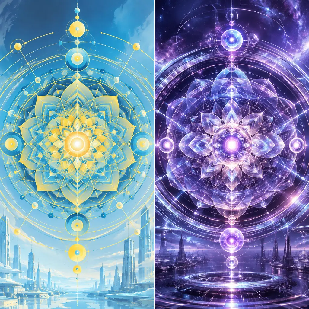 Intricate near-future sci-fi mandala with glowing circuitry patterns in purple tones