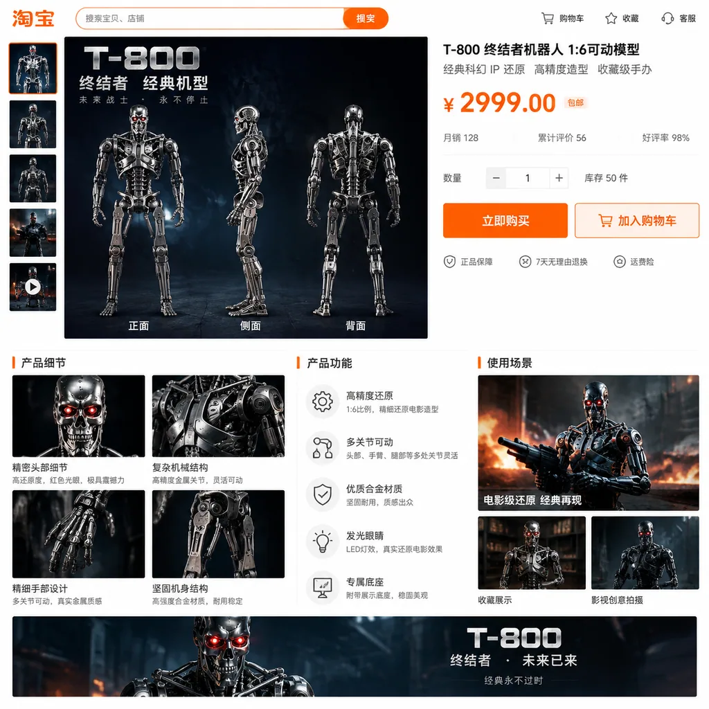Online shop product page for a T-800 robot with three views, price, details and use cases