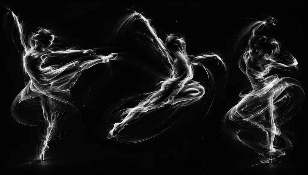 Portrait of a dancer formed entirely from glowing continuous motion trails on black