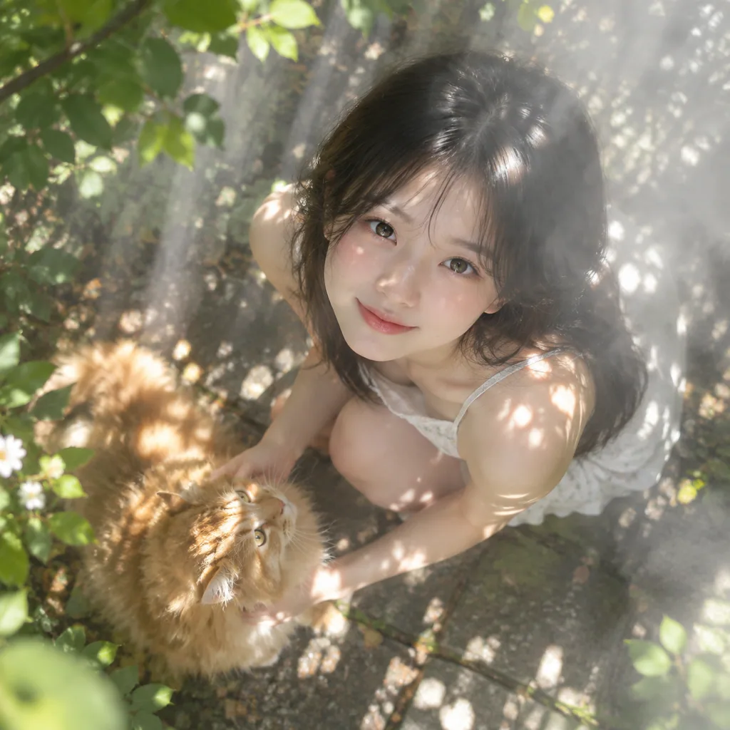 High-angle shot of a young woman crouching on a garden path playing with an orange cat