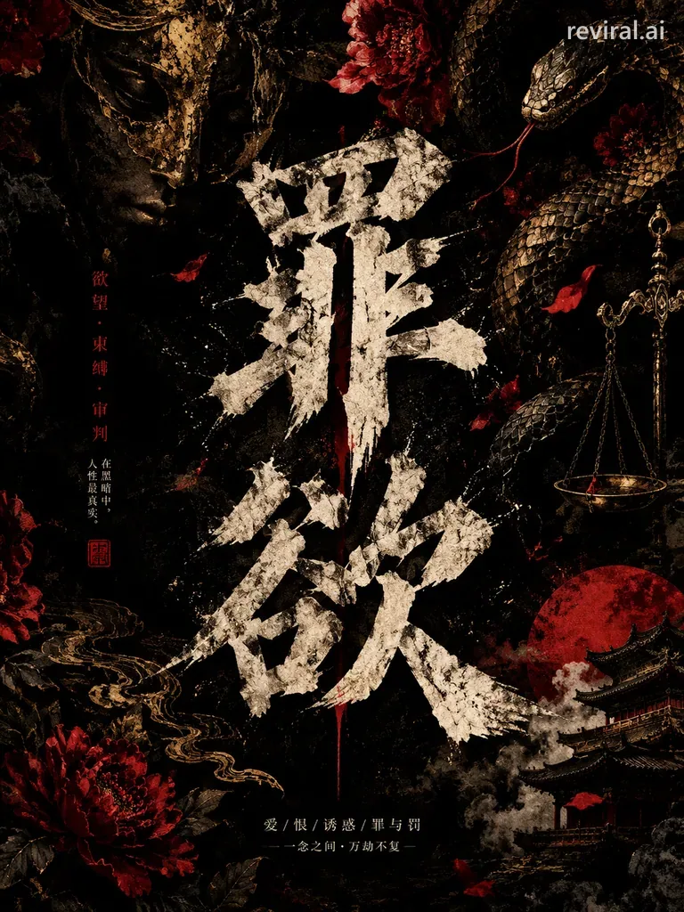 Black vertical poster with huge weathered stone-carved Chinese title, seal stamps and red-gold accents