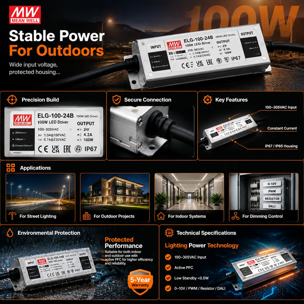 Dark mode infographic for a 100W LED driver with orange accents, specs and feature icons