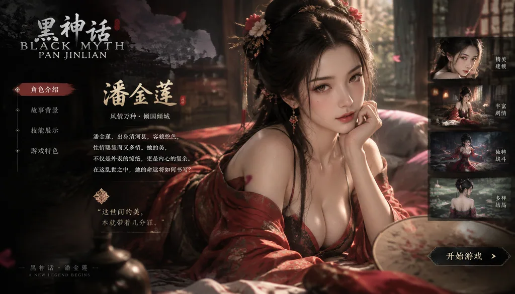 Dark fantasy game title screen featuring a charming heroine in ornate ancient costume
