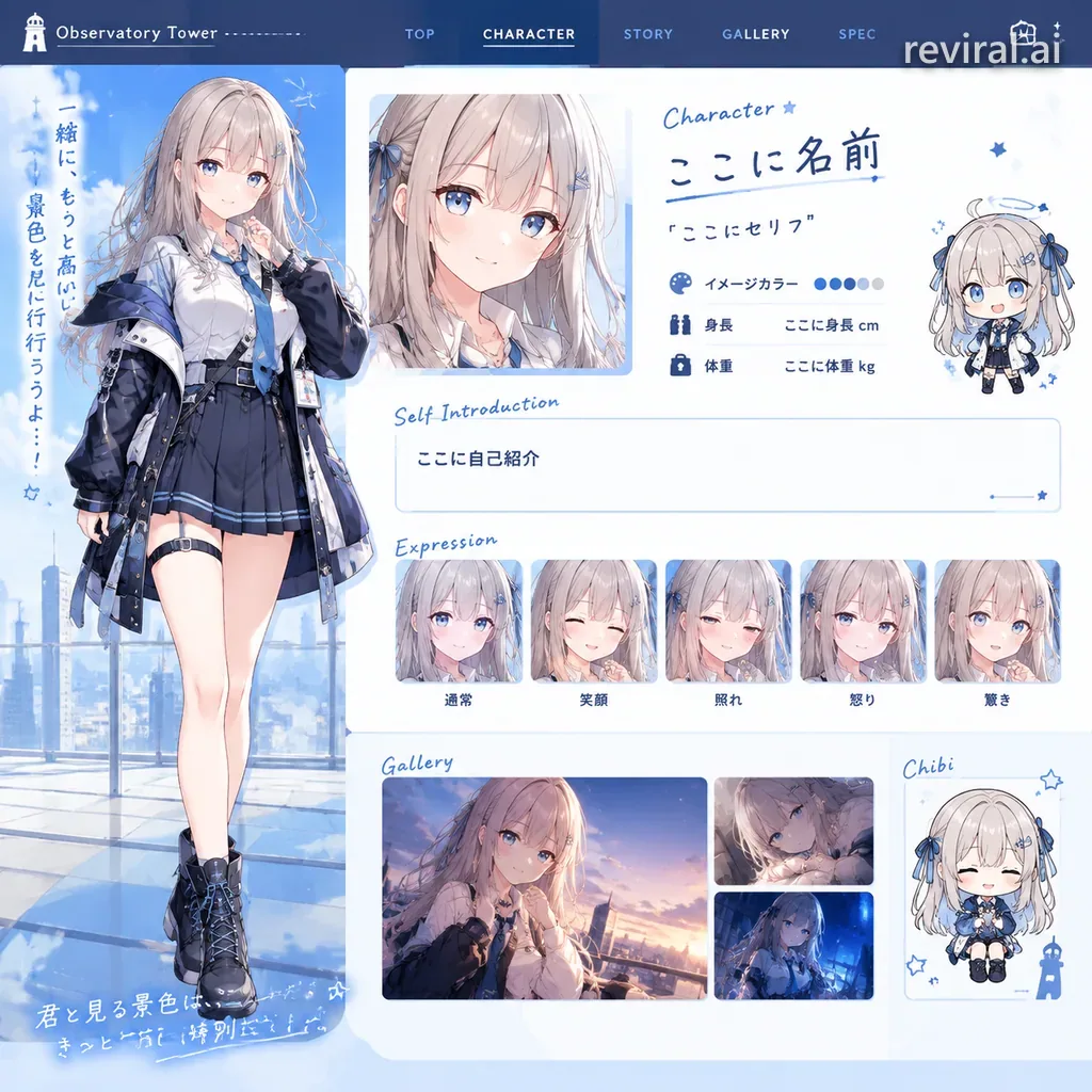 Visual novel style character introduction web page with chibi art, portrait and profile stats