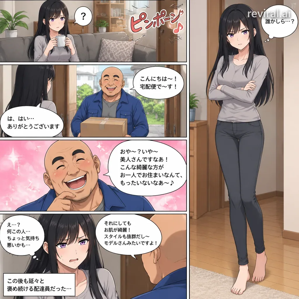 Full-color manga page of a woman at home receiving a package from an older delivery man