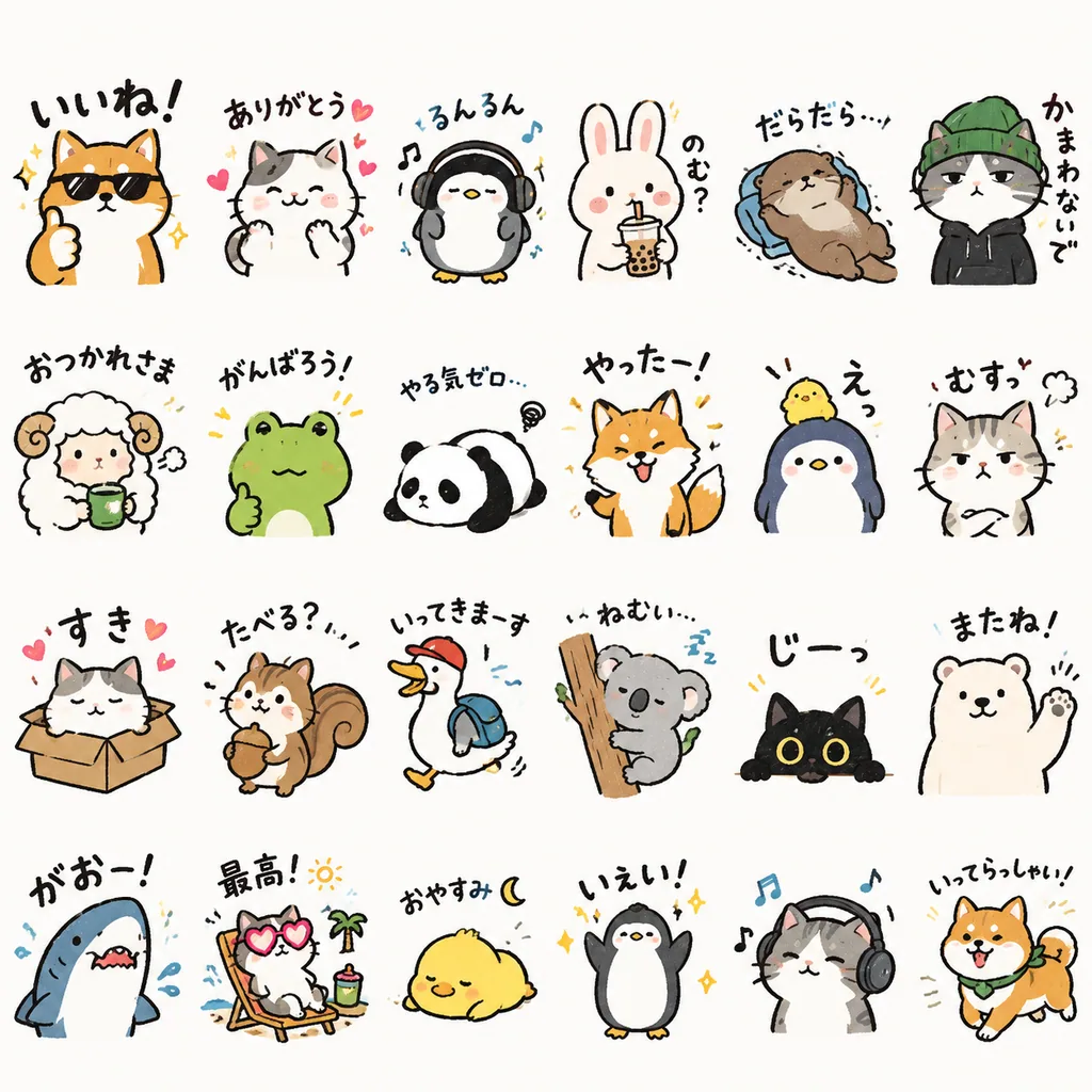 Collection of doodle pet messaging stickers with funny poses and short phrases