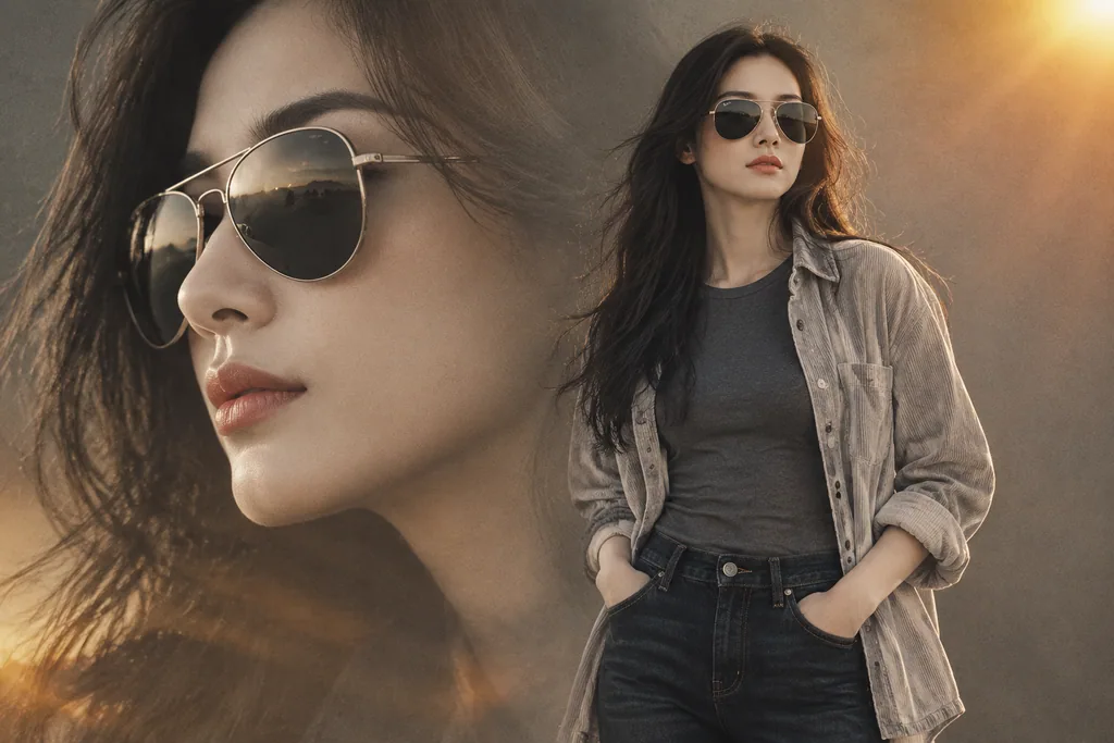 Double exposure fashion portrait of a woman in metallic aviator sunglasses