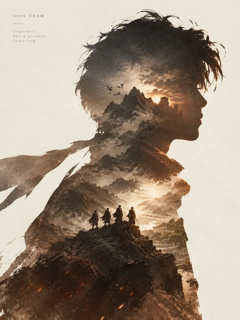 Epic double exposure poster with a team silhouette filled with symbolic scenes on off-white