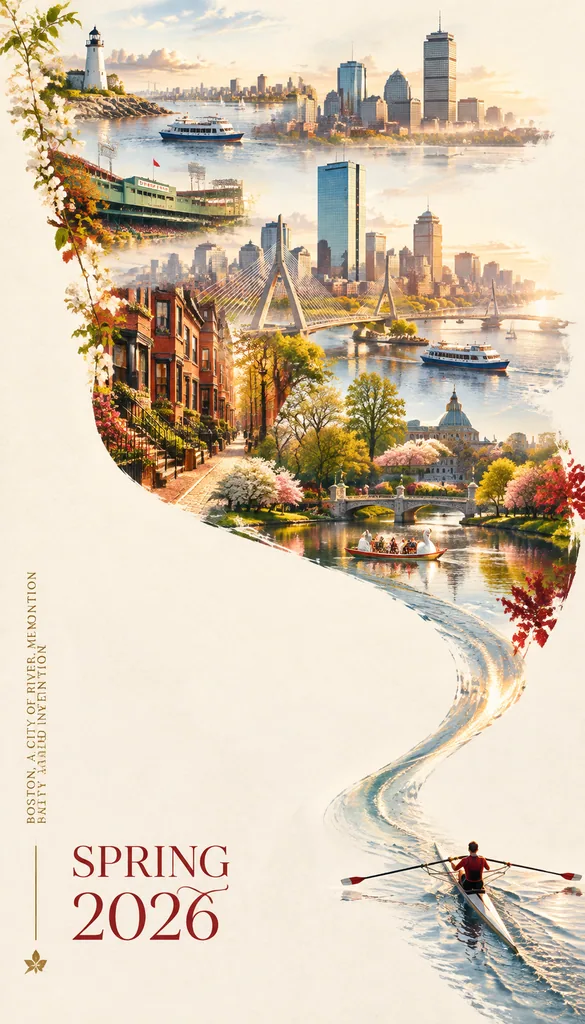 Spring poster of Boston where a rower wake sweeps up into the Charles River and city skyline