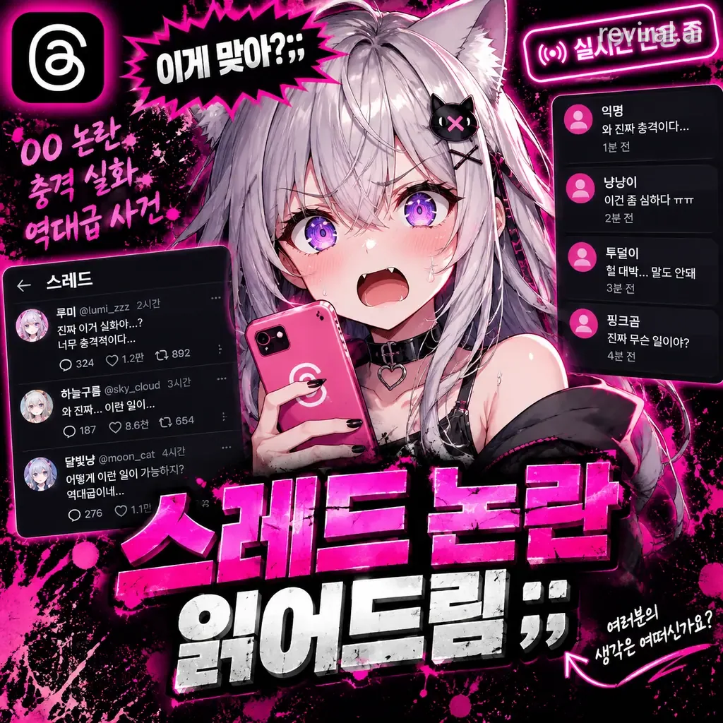 Neon pink anime thumbnail of a shocked cat-eared girl holding a phone with bold Korean text