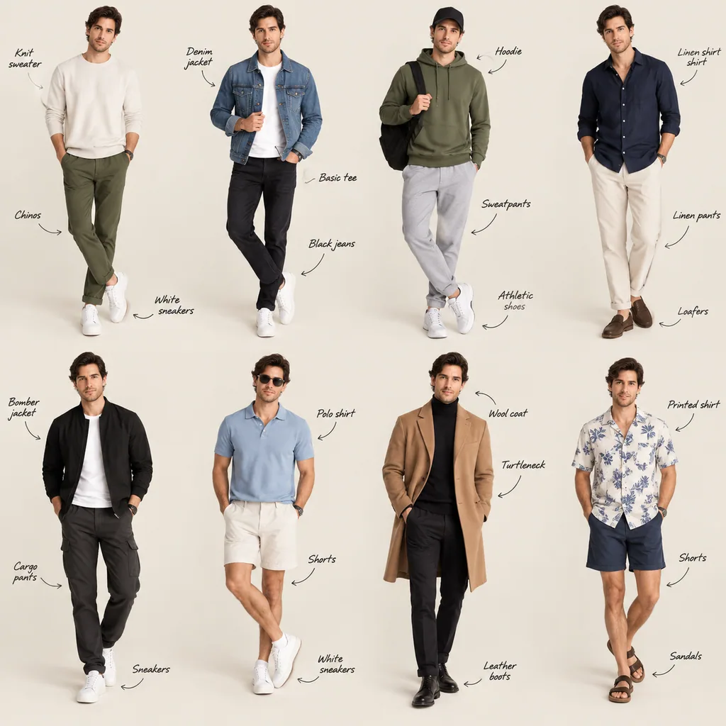 Fashion collage of one person in eight casual outfits with handwritten labels