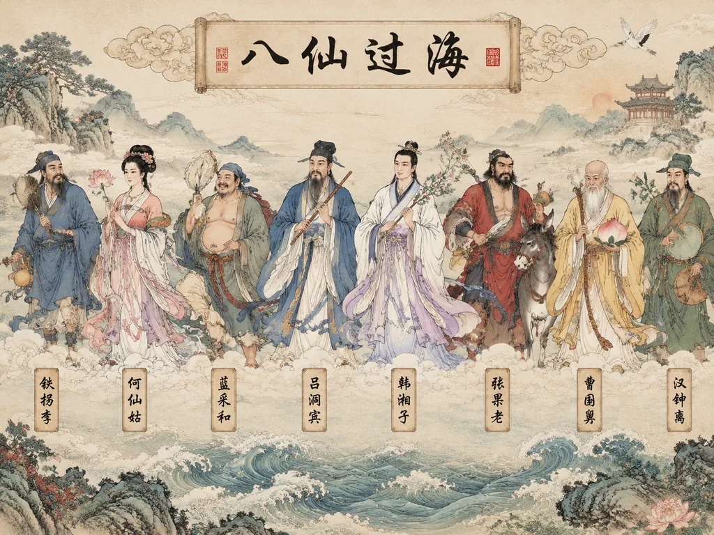 Long gongbi scroll of the Eight Immortals in a row with props, clouds and name tags