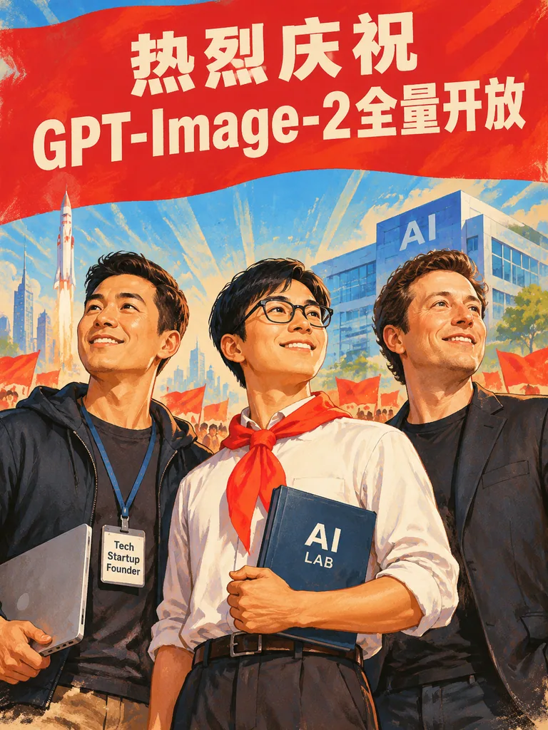 Retro 1980s propaganda style poster of three tech leaders celebrating a product launch
