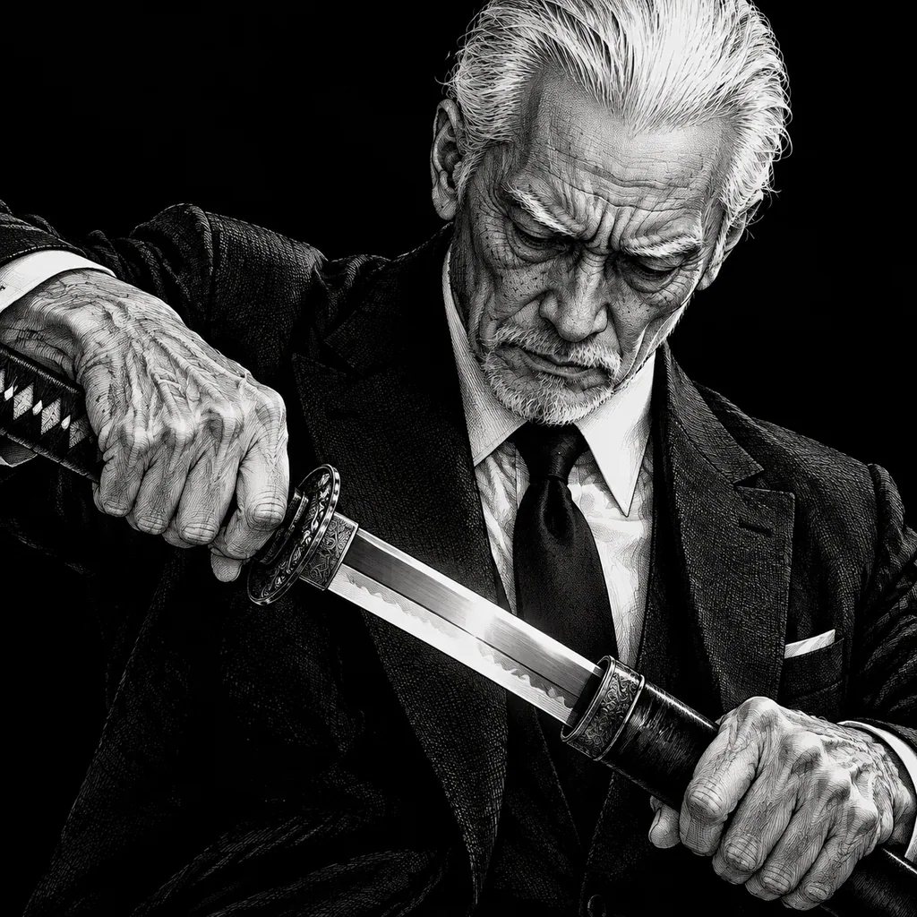 Black and white manga illustration of an old man in a suit drawing a katana