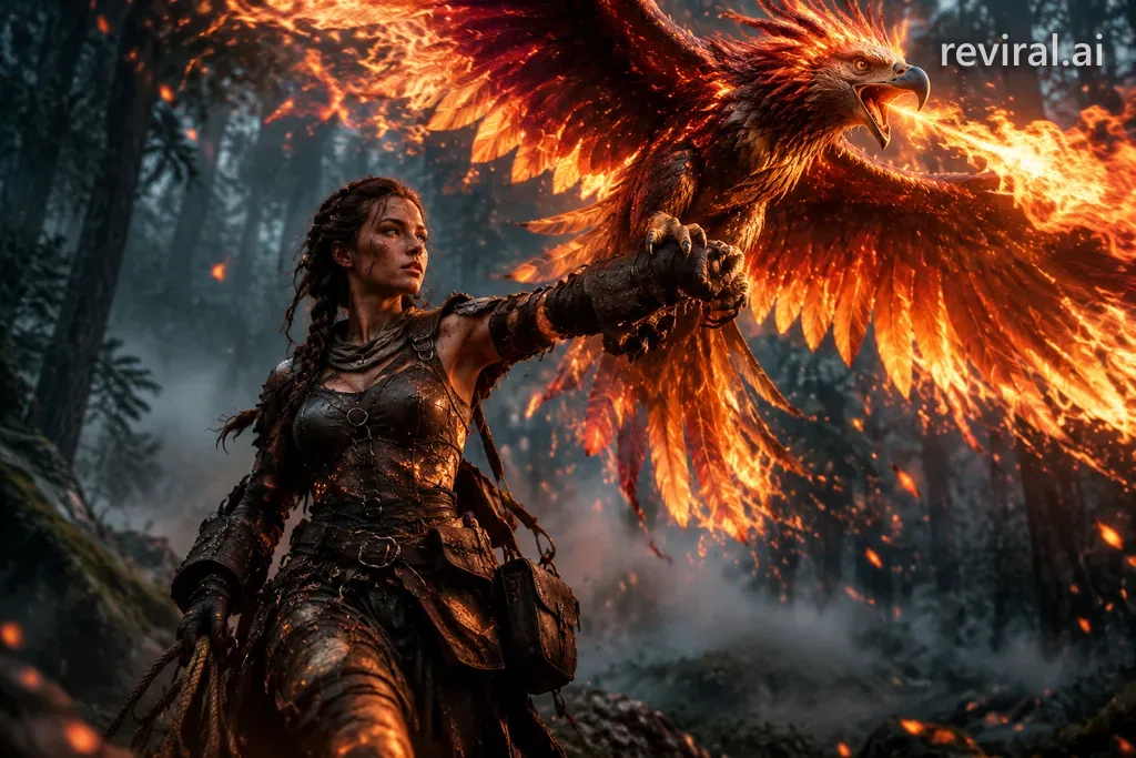 Female warrior falconer in ember-lit leather armor commanding a huge flaming phoenix in a misty forest
