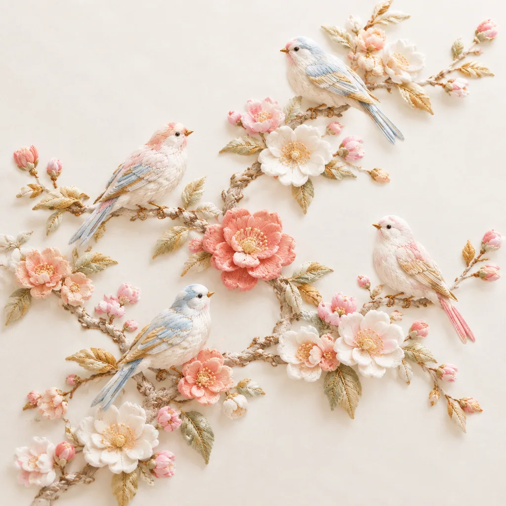 Raised silk embroidery of small birds perched on a flowering branch in soft cream, pink and gold
