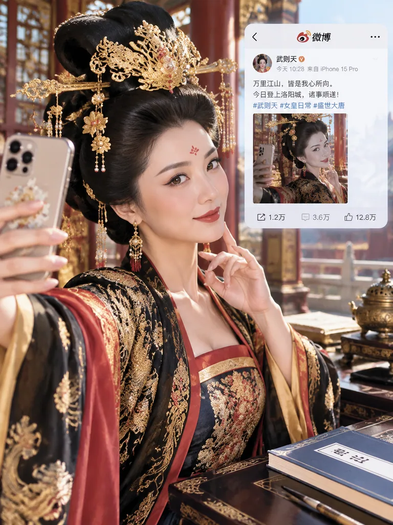 Microblog post of a Tang dynasty empress sharing a playful selfie with comments