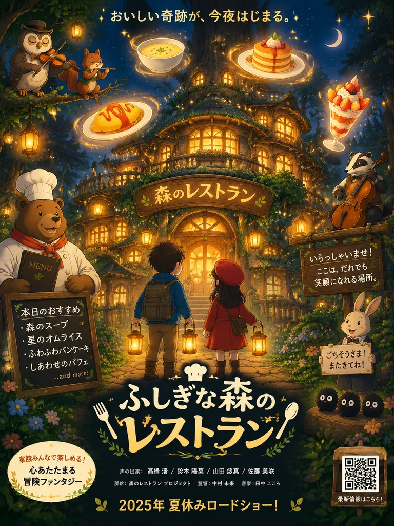 Anime movie poster of children facing a glowing treehouse restaurant with animal musicians