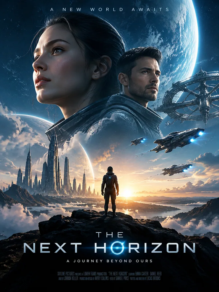 Epic science fiction movie poster with a lone hero, spaceship and bold title text