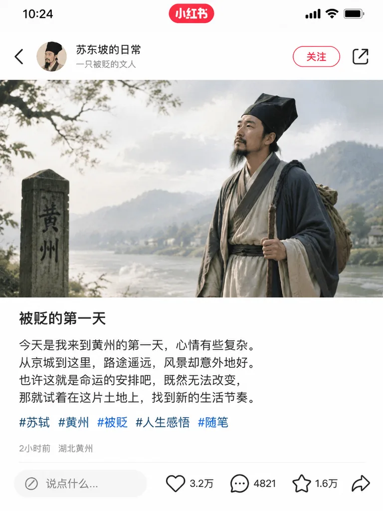 Mock social app screenshot of poet Su Shi posting on his first day of exile