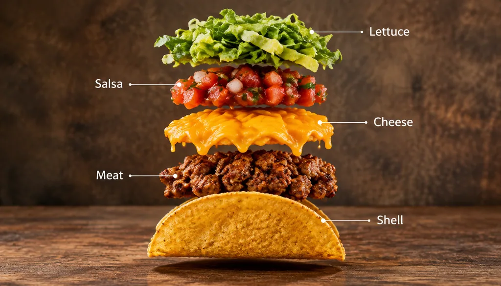 Vertical exploded view of taco layers from lettuce down to a crispy shell