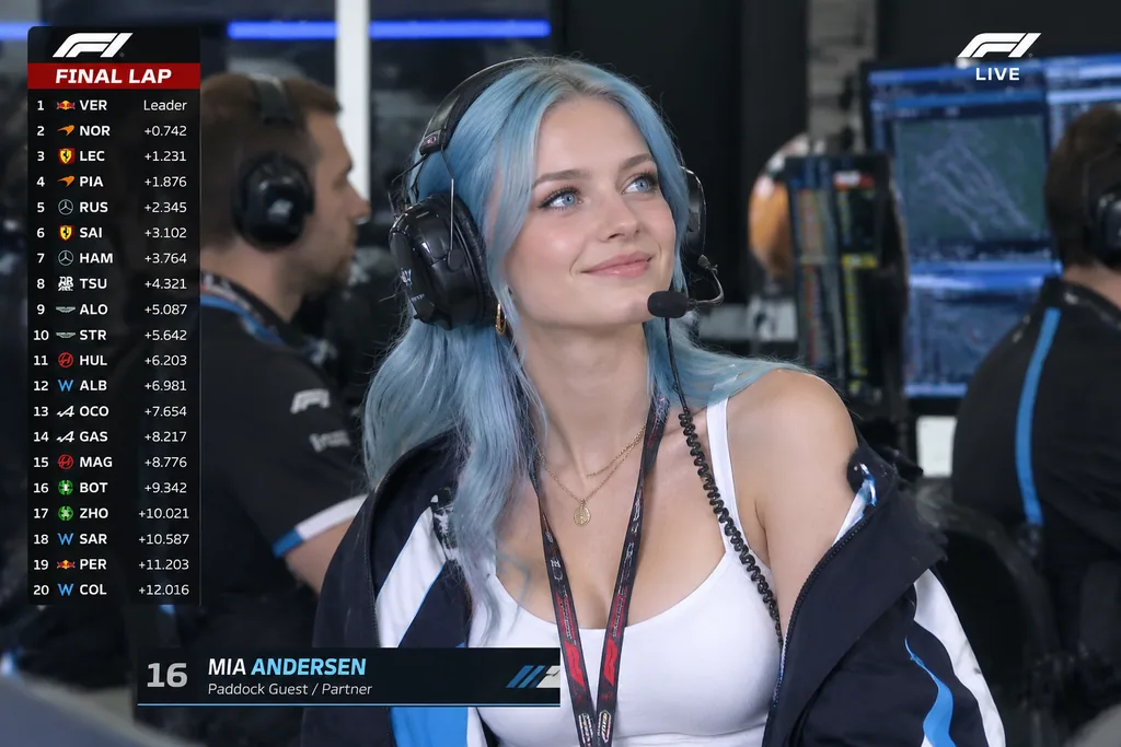 TV broadcast still of a blue-haired woman in an F1 team garage wearing headphones