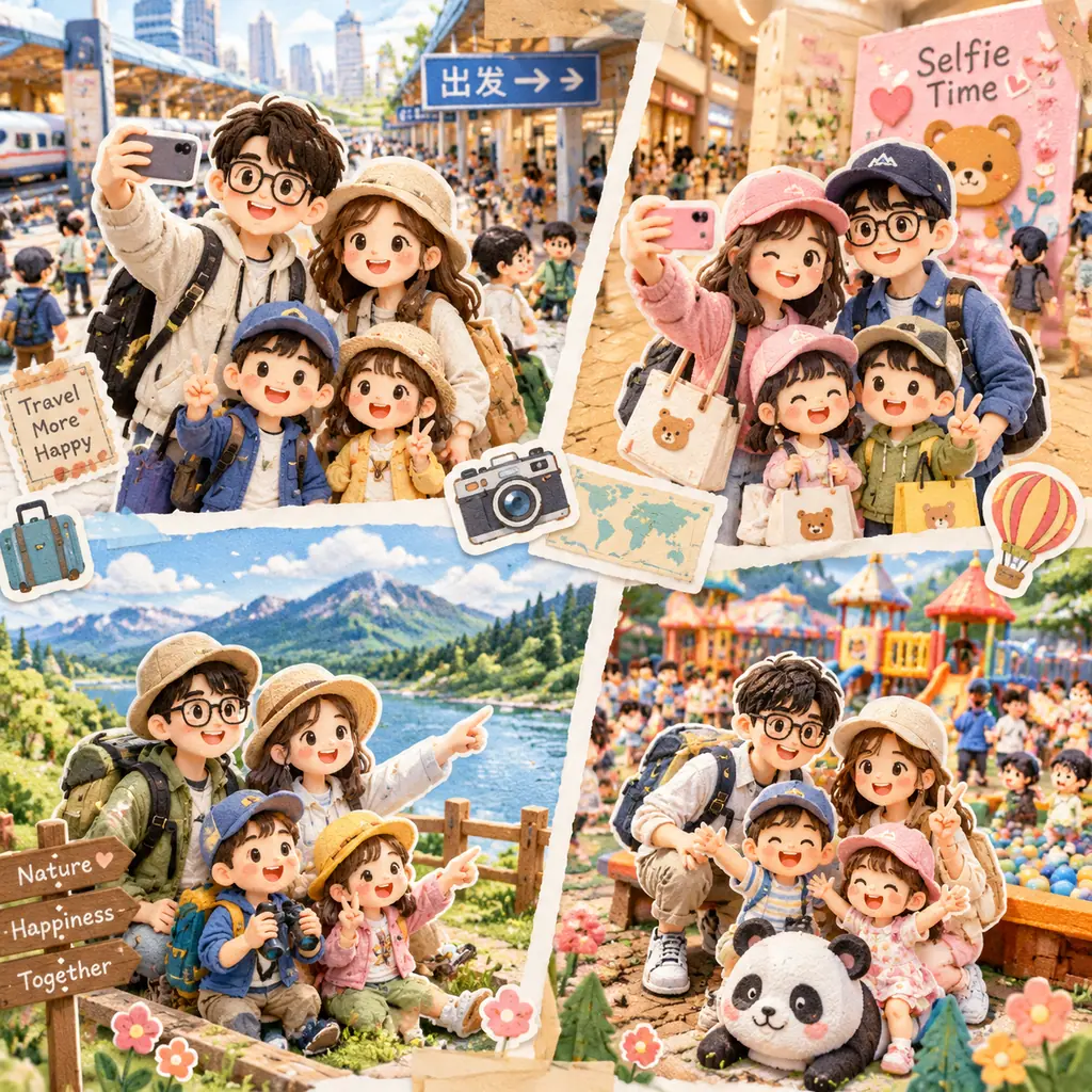 Kawaii paper-cut diorama collage of a family taking selfies across four travel scenes