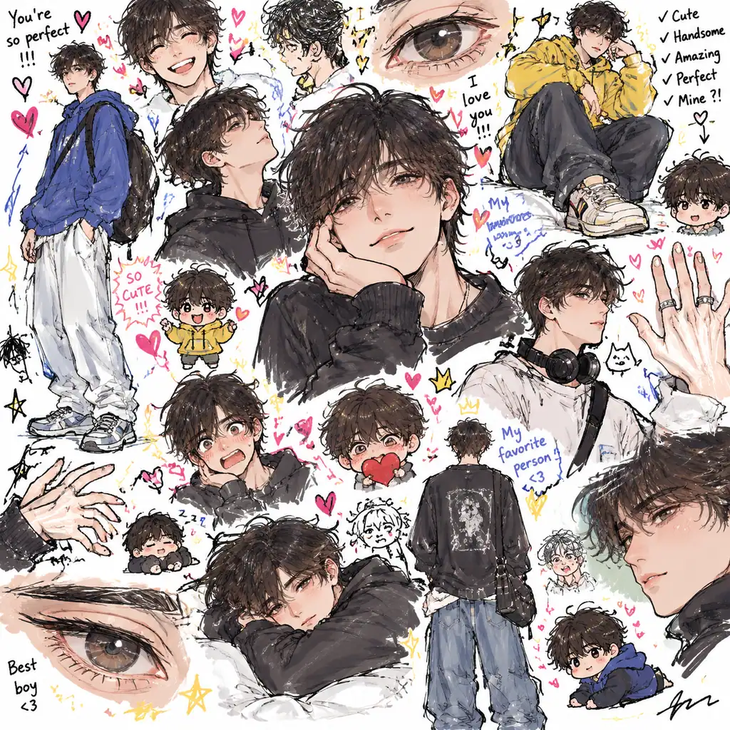Messy sketchbook page full of poses, chibi doodles and close-ups of one person